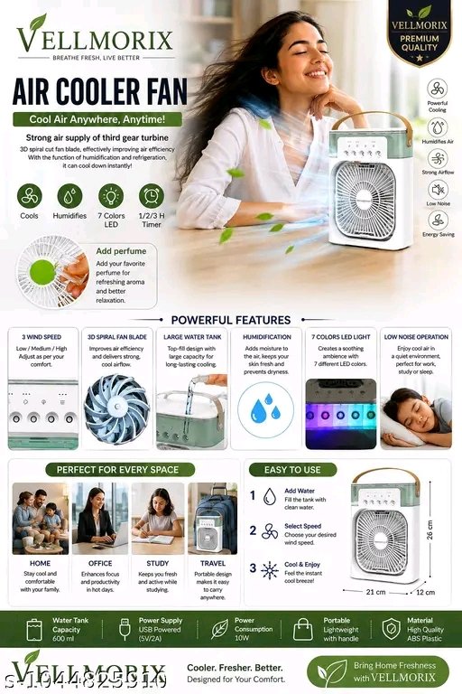 Vellmorix 10 Inch Mini Portable Air Cooler with Water Mist & USB - Image 4