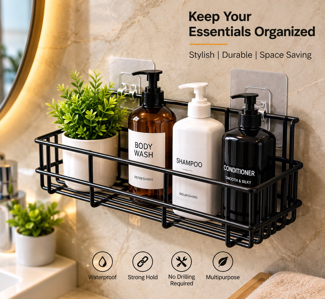 Pack of 2 Self Adhesive Bathroom Storage Rack with Hooks
