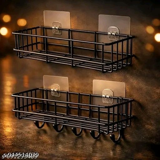 Pack of 2 Self Adhesive Bathroom Storage Rack with Hooks - Image 2
