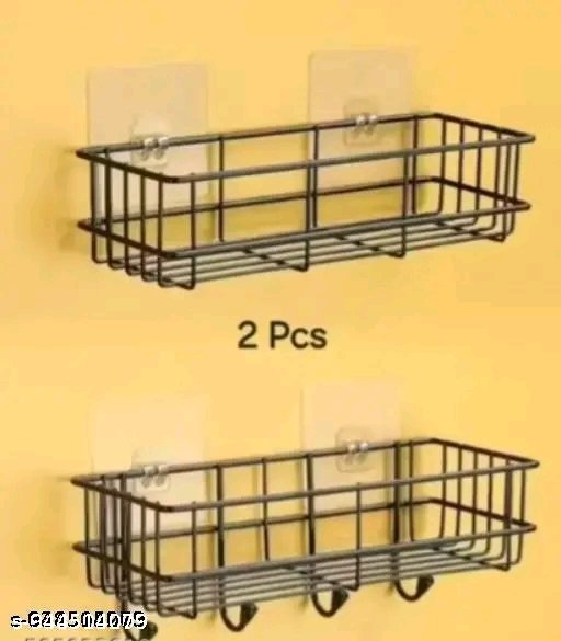 Pack of 2 Self Adhesive Bathroom Storage Rack with Hooks - Image 4